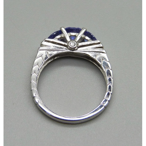 1037 - A 14ct white gold and tanzanite ring, Art Deco style, London, 2010, central stone a/f, 4.2g, N