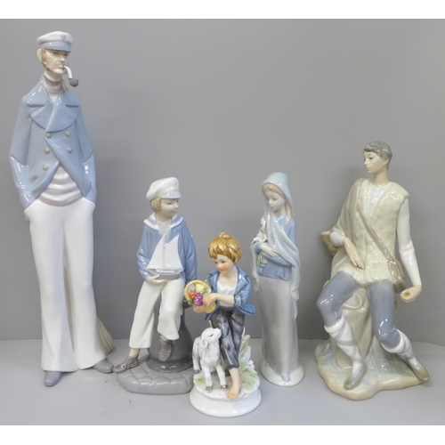 605 - Four Lladro figures and one other, two a/f