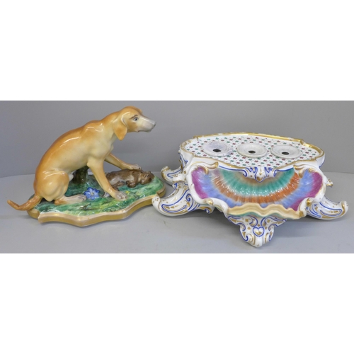 622 - A Paris Porcelain table ink stand with a model of a dog on the lid, tail restored