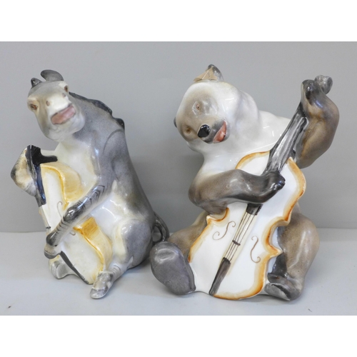 632 - Two Lomonosov animal figures, Bear with double bass and Donkey with double bass, Donkey a/f