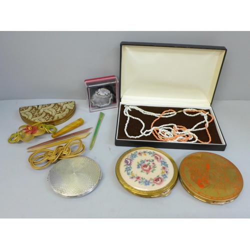 654 - Compacts including one silver and a coral necklace and bracelet with 14ct gold clasps