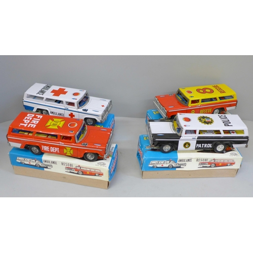 659 - Four Studio Japan tin-plate friction powered Emergency Wagons, Fire Ambulance, Police and Rescue, bo... 