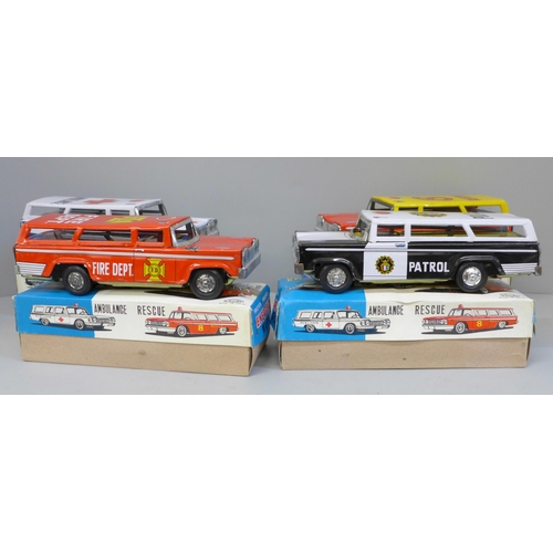 659 - Four Studio Japan tin-plate friction powered Emergency Wagons, Fire Ambulance, Police and Rescue, bo... 