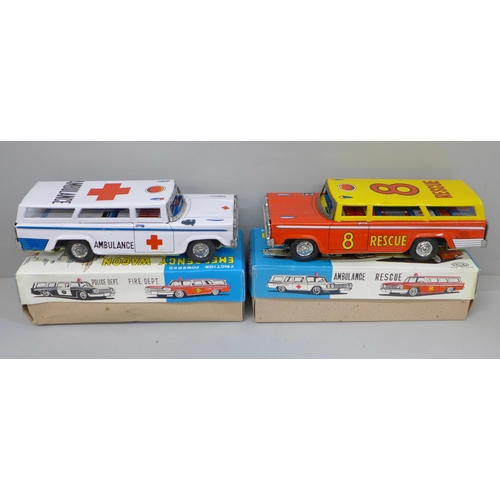 659 - Four Studio Japan tin-plate friction powered Emergency Wagons, Fire Ambulance, Police and Rescue, bo... 