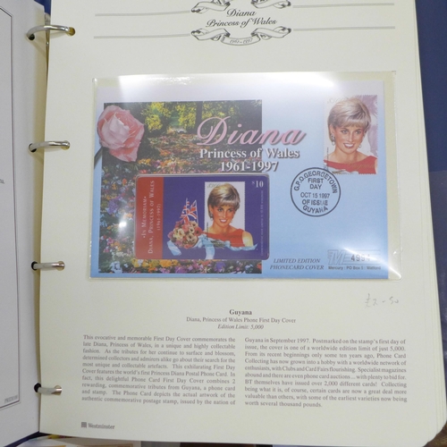 698 - Stamps; a box of covers in albums (World Wildlife Fund and Princess Diana) together with loose first... 