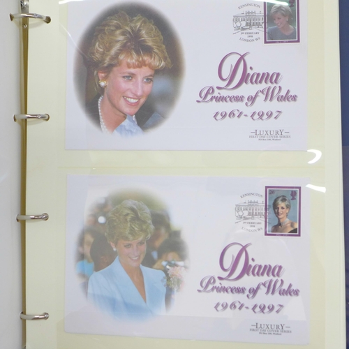 698 - Stamps; a box of covers in albums (World Wildlife Fund and Princess Diana) together with loose first... 