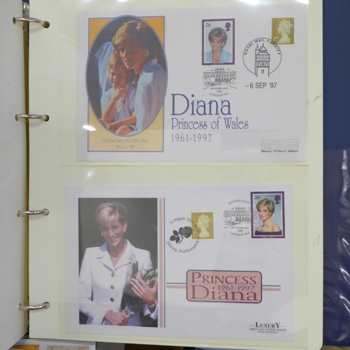 698 - Stamps; a box of covers in albums (World Wildlife Fund and Princess Diana) together with loose first... 