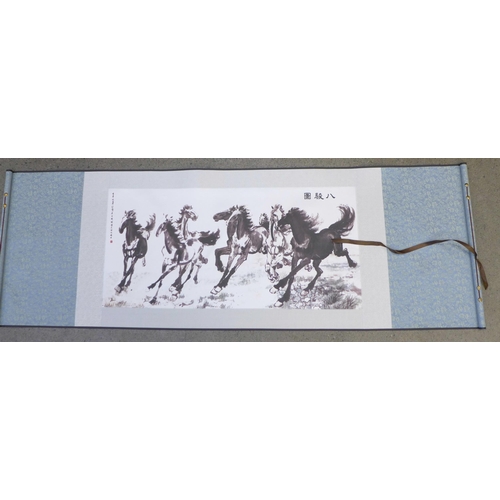 708 - A Chinese scroll, fan and Terracotta Army figures