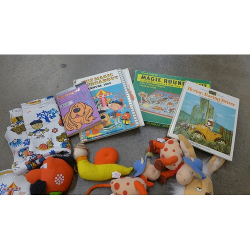 730 - Magic Roundabout toys, plates, jigsaw puzzle, fabric, etc.