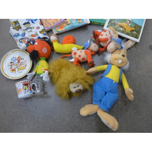 730 - Magic Roundabout toys, plates, jigsaw puzzle, fabric, etc.