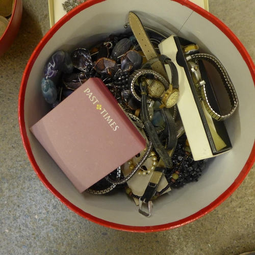 754 - Two boxes of costume jewellery and wristwatches and a collection of pennies