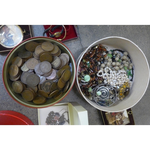 754 - Two boxes of costume jewellery and wristwatches and a collection of pennies