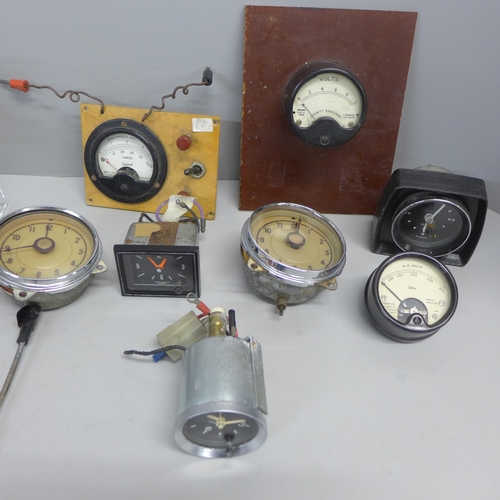 782 - A collection of voltmeters, car clocks (10)