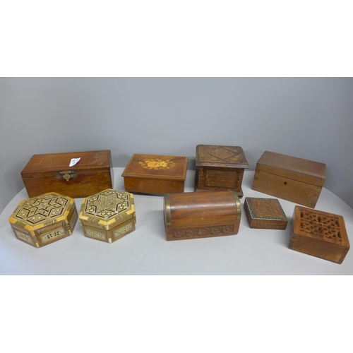 784 - Nine decorative carved and inlaid wooden boxes