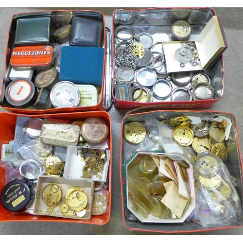 787 - Four boxes of watchmaker's pocket watch parts, cases and movements