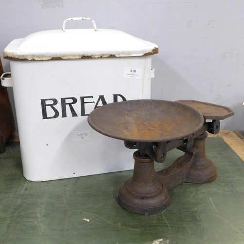 818 - An enamel bread bin and a set of kitchen scales and weights