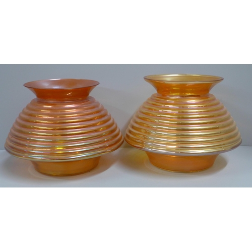 827 - Two Crown Crystal Australia melon rib vases in marigold, 15.5cm