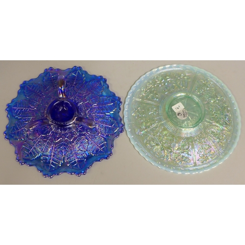 833 - Two Peacock At The Fountain blue carnival glass tumblers, an Australian carnival glass small bowl de... 