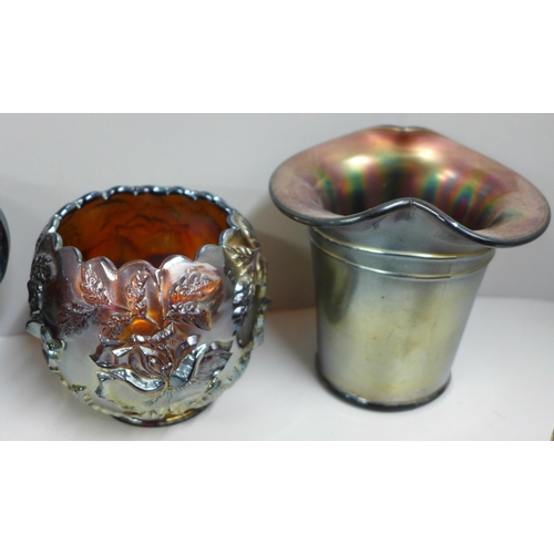 836 - A Dugan glass basket, two handled bowl, Summit Art Glass cream and sugar, Fenton dish and other carn... 