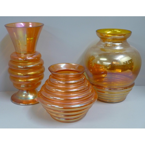 837 - A Crown Crystal Australia melon rib glass vase in marigold, 24cm, one other 14cm and one in smoke co... 