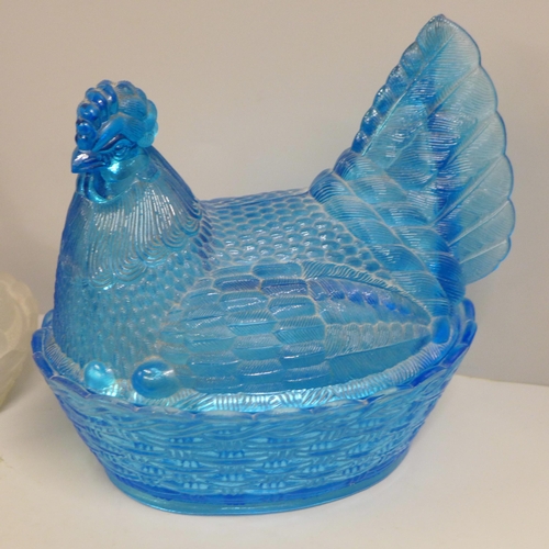 840 - A blue glass hen on nest container, Huta Zabowice, Poland, small chip to rim of top cover and one ot... 