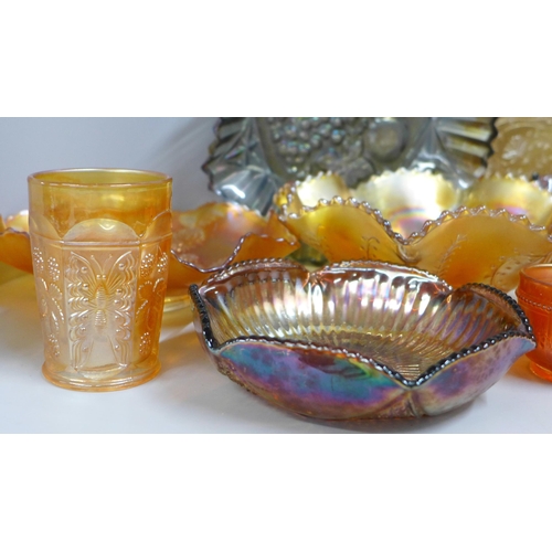 843 - Ten items of carnival glass including marigold, a Jeanette Floragold Louisa vanity tray, Australian ... 