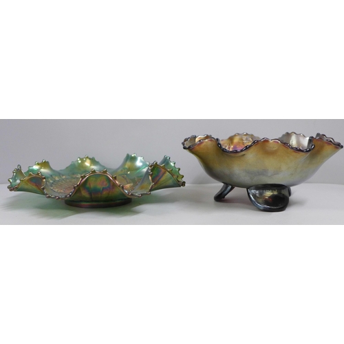 845 - A Northwood Peacocks on Fence green carnival glass dish and a Fenton iridescent Stags and Holly carn... 