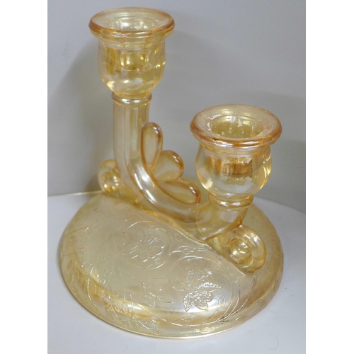 857 - Ten items of marigold carnival glass, butterfly dish, pedestal bowl, kokomo rose bowl, etc. **PLEASE... 