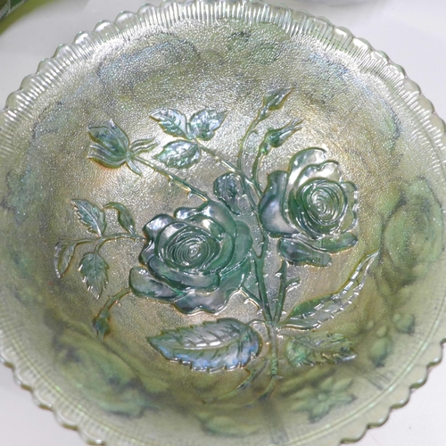 860 - A Northwood Greek Key bowl, Fenton and other items of green carnival glass (8)