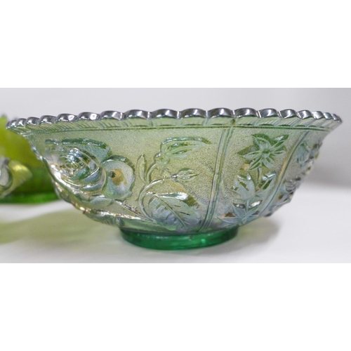 860 - A Northwood Greek Key bowl, Fenton and other items of green carnival glass (8)