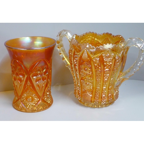 863 - Ten items of marigold carnival glass, three goblets and a two handled basket, etc. **PLEASE NOTE THI... 