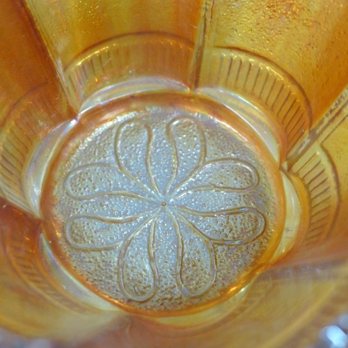 863 - Ten items of marigold carnival glass, three goblets and a two handled basket, etc. **PLEASE NOTE THI... 