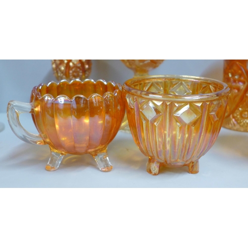 863 - Ten items of marigold carnival glass, three goblets and a two handled basket, etc. **PLEASE NOTE THI... 