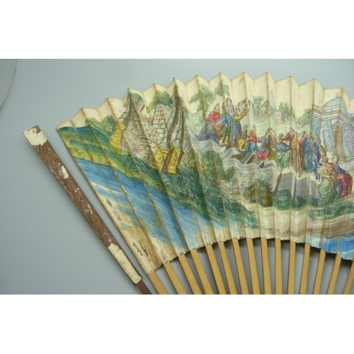 890 - An 18th/19th century 18 stick wood and paper-leaf decorated fan with the image titled 'Paul Preachin... 