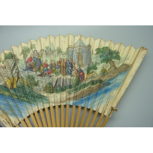 890 - An 18th/19th century 18 stick wood and paper-leaf decorated fan with the image titled 'Paul Preachin... 