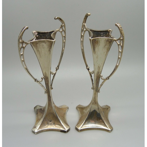 896 - A pair of Arts and Crafts silver vases, Birmingham 1908, 14.5cm