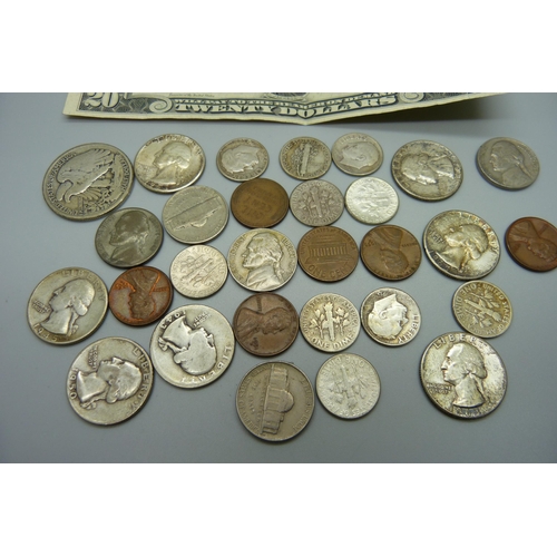 912 - American coinage and a 20 dollar bill