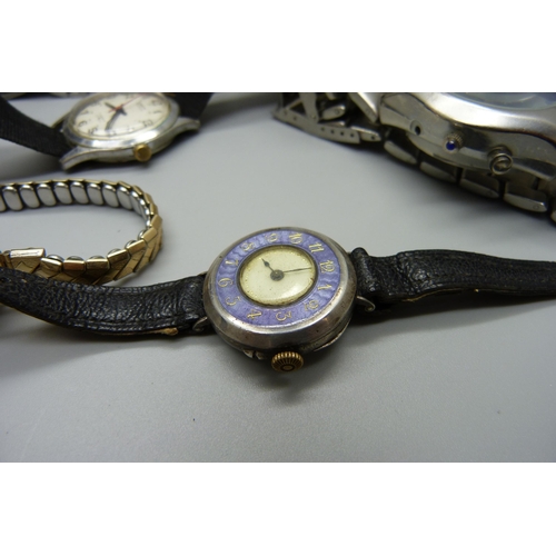 913 - Assorted wristwatches including a lady's silver and enamel watch and a boxed Sekonda