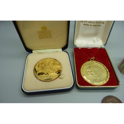 941 - A silver gilt The Centenary Of England v Australia coin, another boxed coin, bone dice etc.