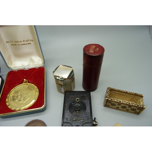 941 - A silver gilt The Centenary Of England v Australia coin, another boxed coin, bone dice etc.