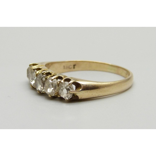 975 - An antique yellow metal and five stone diamond ring, approximately 1.5ct diamond weight, stamped 18c... 