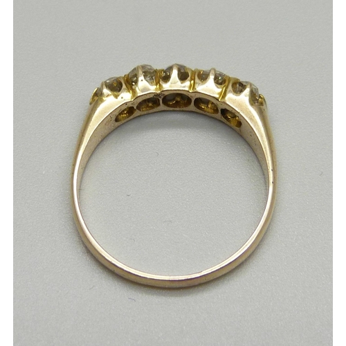 975 - An antique yellow metal and five stone diamond ring, approximately 1.5ct diamond weight, stamped 18c... 