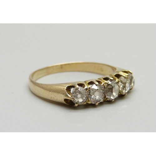 975 - An antique yellow metal and five stone diamond ring, approximately 1.5ct diamond weight, stamped 18c... 