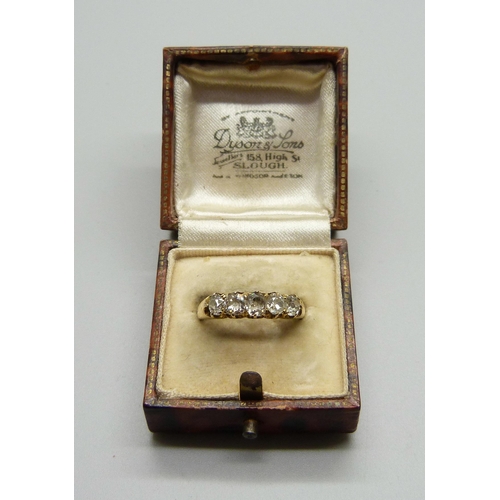 975 - An antique yellow metal and five stone diamond ring, approximately 1.5ct diamond weight, stamped 18c... 