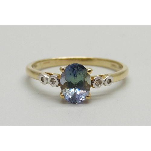 984 - A 9ct gold, bi-colour tanzanite and zircon ring with certificate, 2.2g, U