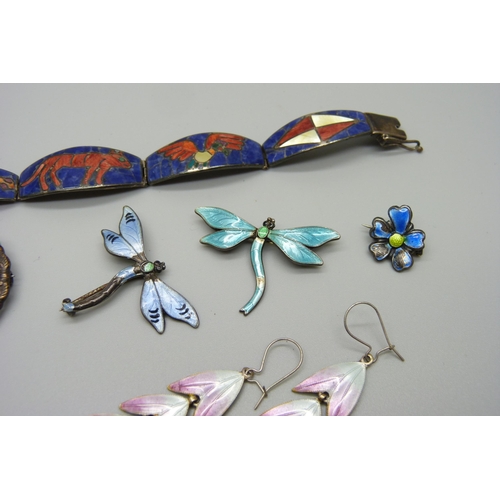 998 - Two silver and enamelled dragonfly brooches, a/f, a 925 silver and blue enamelled brooch, other enam... 