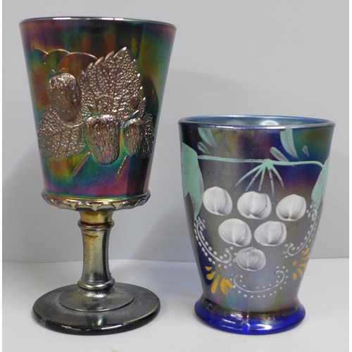 838 - An amethyst carnival glass goblet, decorated with strawberries, 16cm and one other beaker, with hand... 