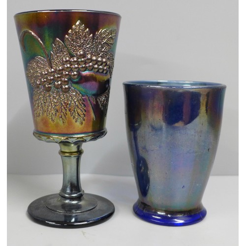 838 - An amethyst carnival glass goblet, decorated with strawberries, 16cm and one other beaker, with hand... 