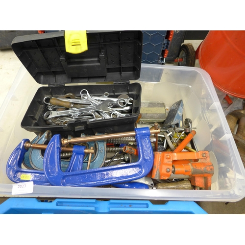 2023 - Tray of assorted hand tools including. G-clamps, spanners, files, etc..