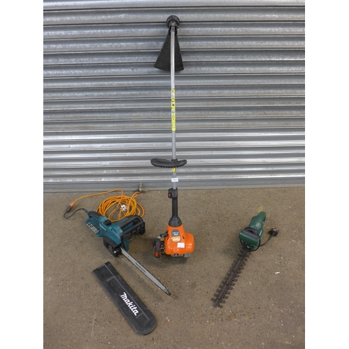 2218 - Flymo Lite XLT250+ petrol strimmer, 240v -450 hedge trimmer (FPHT450) & Makita UC4020A 240v chainsaw... 